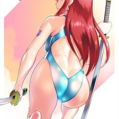 ass, backless outfit, brown eyes, earrings, erza scarlet, etchimune, fairy tail, feet, female, female only, long hair, red hair, soles, swimsuit, swimwear