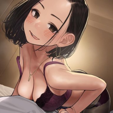 :d, 1boy, belt, big breasts, blush, bra, breasts, brown eyes, brown hair, douki-chan's boss (yomu (sgt epper)), earrings, embarrassed, female, ganbare douki-chan, imminent sex