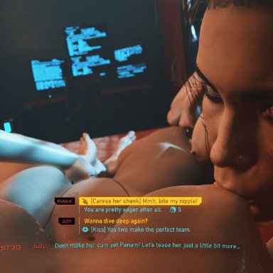 3d, bifrost3d, breast sucking, cyberpunk 2077, female pov, fff threesome, fingering, judy alvarez, lesbian, lesbian sex, looking at viewer, panam palmer, pov, sucking, threesome