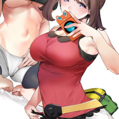 1girls, cellphone, clothed, feet, female, female focus, female only, marushin (denwa0214), may (pokemon), phone, pokemon, pokemon oras, pokemon rse, selfie, shirt lift