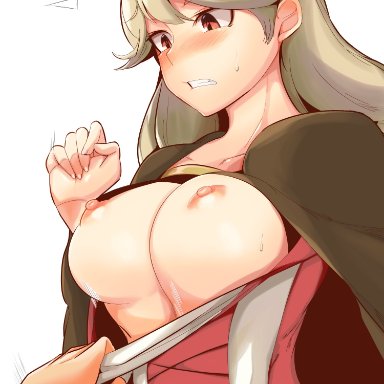 1girls, big breasts, blush, bouncing breasts, breasts, breasts outside, brown hair, clenched teeth, embarrassed, exposed breasts, faye (fire emblem), fire emblem, fire emblem echoes: shadows of valentia, forced, forced exposure