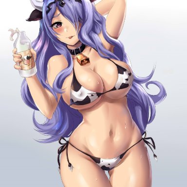 1girls, arms up, bell collar, big breasts, bikini, camilla (fire emblem), cow girl, cow print, fire emblem, fire emblem fates, large breasts, leonart, long hair, looking at viewer, milk