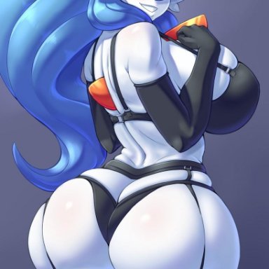 alternate hair length, alternate hairstyle, ass, black bra, black legwear, black panties, blue hair, blush, borrowed character, bra, breasts, bursting breasts, butt crack, colored skin, commentary