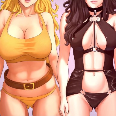 4girls, abs, big breasts, black hair, blake belladonna, blonde hair, busty, cleavage, huge breasts, lingerie, medium breasts, red hair, ruby rose, rwby, small breasts