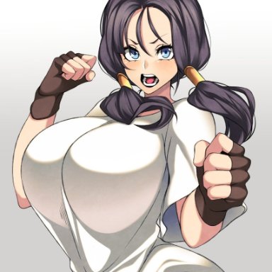 angry, angry expression, angry face, big breasts, black hair, blue eyes, camui kamui, dark hair, enormous breasts, fingerless gloves, gigantic breasts, gloves, huge breasts, large breasts, open mouth