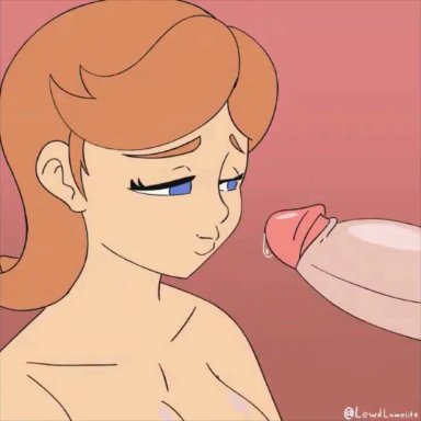 1boy, 1girls, animated, blowjob, blue eyes, brown hair, cheek bulge, closed eyes, cum, cum drip, cum in mouth, cum on body, cum overflow, cum swallow, cumming