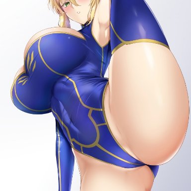 1girls, ahoge, armpits, arms up, artoria pendragon, artoria pendragon (lancer), bangs, bare shoulders, blonde hair, blue gloves, blue legwear, blue leotard, blush, braid, breasts