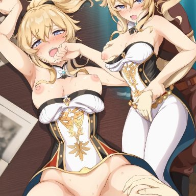 1boy, bangs, belt, blonde hair, blush, bottomless, bow, breast grab, breasts, breasts outside, clothed sex, detached collar, female, genshin impact, grabbing