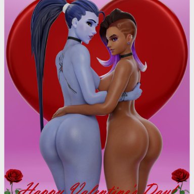 2girls, 3d, ass, big ass, breast to breast, breasts, choker, dark-skinned female, female, female only, nemesis 3d, nude, overwatch, purple skin, sombra