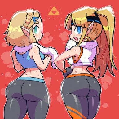 2girls, ass, blonde hair, breath of the wild 2, butt, double ass focus, nintendo, pointy ears, princess zelda, rariatoo, ring fit adventure, sweat, tagme, the legend of zelda, thick