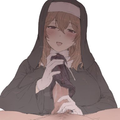 1boy, black panties, blush, brown hair, catholic, censored, cum, cum in panties, eyebrows visible through hair, female, gloves, habit, hair between breasts, handjob, looking at viewer