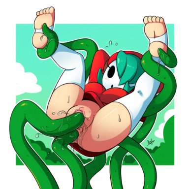 1girl, 1girls, anal, ass, clothed sex, clothing, double penetration, feet, female, green hair, green tentacles, human, mario (series), mask, nintendo