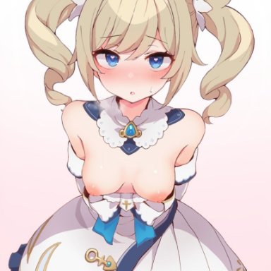 barbara (genshin impact), blue eyes, blush, breasts, dress, genshin impact, heart-shaped pupils, heavy breathing, hone kawa, looking at viewer, twintails