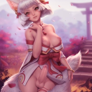 1futa, animal ears, areolae, balls, bottomless, breasts, clothed, clothing, detailed background, dickgirl, erection, fox girl, functionally nude, futa only, futanari