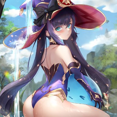 :t, aqua eyes, ass, bangs, black gloves, black hair, black legwear, breasts, cloud, earrings, eyebrows visible through hair, facing away, female, flower, genshin impact