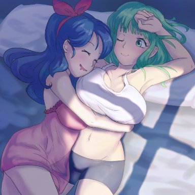 2girls, bulma briefs, dragon ball, dragon ball (classic), female, female only, female pervert, good launch, in bed, large breasts, launch, mignonette, sleeping, yuri