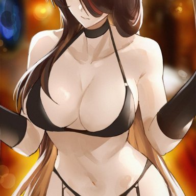 1girls, beidou (genshin impact), black bra, black panties, bra, breasts, brown hair, choker, cleavage, curvy, curvy figure, eyepatch, female, female only, garter straps