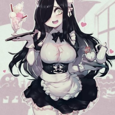 1girls, 2021, aria (parororo), black hair, green eyes, hair over one eye, ice cream, long hair, maid, maid uniform, original, parororo, solo, solo female, tagme