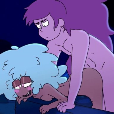 1boy, 1girl, 1girls, 1male, after sex, animated, anus, areolae, ass, beauty mark, big ass, big hair, blue hair, blush, blushing