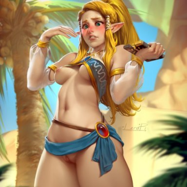 1girls, areolae, breasts, breath of the wild, female, female only, gerudo outfit, lerapi, nipples, one breast out, princess zelda, pussy, sheikah slate, solo, the legend of zelda