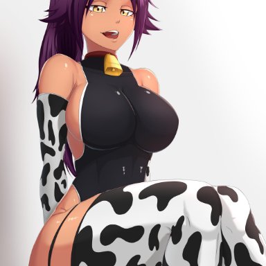 1girls, bleach, cow horns, cow outfit, cowbell, dark skin, dark-skinned female, female, female only, large breasts, looking at viewer, purple hair, shihouin yoruichi, shiny skin, sitting