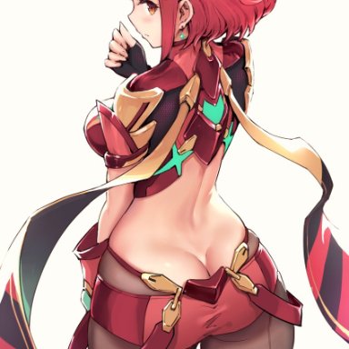 amber eyes, ass, blush, butt crack, earrings, exposed back, fingerless gloves, hair ornament, haoni, looking at viewer, looking back, nintendo, pyra, red hair, short hair