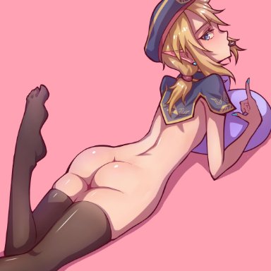 1boy, androgynous, aqua nails, ass, blonde hair, blush, eyebrows, femboy, feminine male, girly, hat, hearts, hej, link, looking at viewer