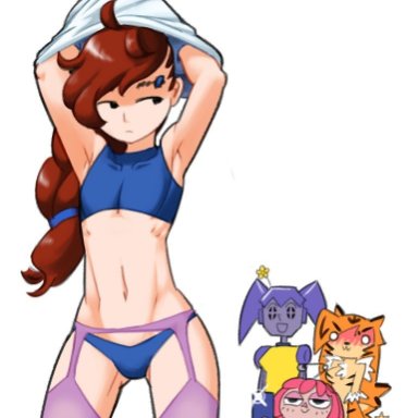 :d, 1boy, 2020, 3girls, androgynous, animate inanimate, anthro, armpits, arms up, ass, ass visible through thighs, black eyes, blue bra, blue hair, blue panties