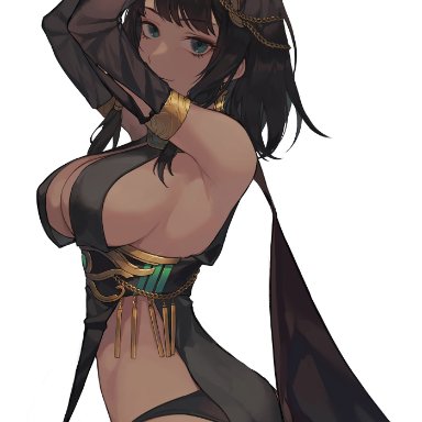 1girls, animal ears, arched back, arm warmers, armlet, armpits, arms up, ass, bangs, black clothing, black hair, bracelet, breasts, busty, cleavage