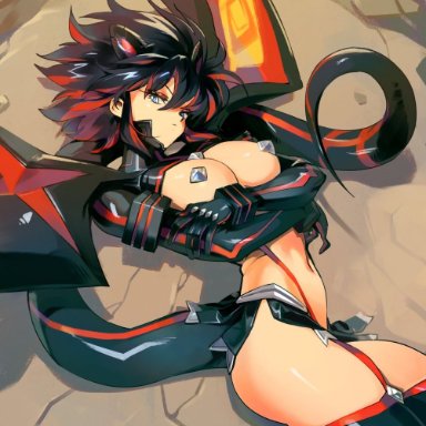 1girls, armor, big breasts, black hair, blue eyes, breasts, dragoness, female, gloves, kill la kill, looking at viewer, matoi ryuuko, navel, nipple covers, optionaltypo