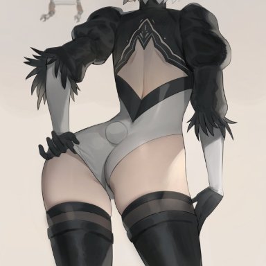 artist request, blindfold, bunny ears, bunny girl, bunny tail, bunnysuit, long gloves, nier: automata, short hair, skindentation, thick thighs, thighhighs, white hair, yorha 2b