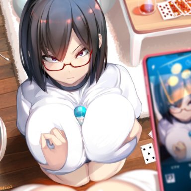 2girls, between breasts, black hair, breasts, buruma, card, cellphone, cleavage, commentary, commentary request, glasses, gym uniform, highres, huge breasts, large breasts