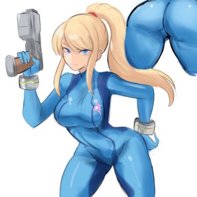 blonde hair, bodysuit, female protagonist, looking at viewer, metroid, nintendo, rakeemspoon, samus aran, tagme, thick, thick thighs, tight clothing, zero suit, zero suit samus