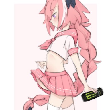 1boy, astolfo (fate), astolfo monster cosplay (meme), bulge, clothed, clothing, erection under clothes, erection under skirt, fate (series), fate/apocrypha, femboy, girly, human, hung trap, male