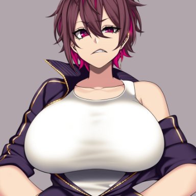 annoyed, annoyed expression, big breasts, camui kamui, cute, dyed hair, hands in pockets, huge breasts, jacket, large breasts, magenta eyes, magenta hair, round breasts, short hair, voluptuous