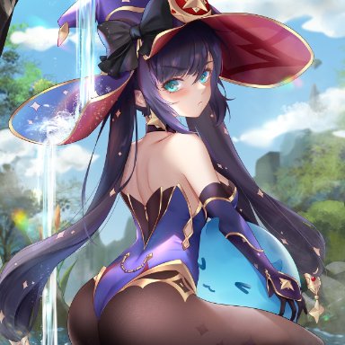 :t, aqua eyes, ass, bangs, black gloves, black hair, black legwear, breasts, cloud, earrings, eyebrows visible through hair, facing away, female, flower, genshin impact