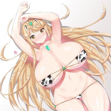 bea (adfhbcf4326), breasts, cow bikini, cow print, huge breasts, large breasts, micro bikini, mythra, sweat, xenoblade (series), xenoblade chronicles 2