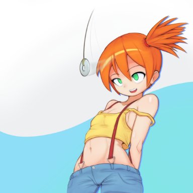 arms behind back, asymmetrical hair, bare shoulders, blue background, breasts, crop top, denim, denim shorts, eyebrows visible through hair, feet out of frame, female, female only, green eyes, hair between eyes, high resolution