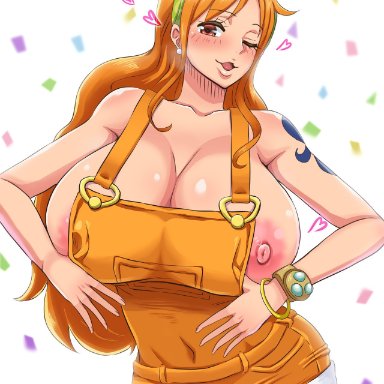 cosplay, female, female only, huge breasts, mikanberry, nami, one piece, overflowing breasts, pink nipples, solo, solo female, undersized clothes, wink