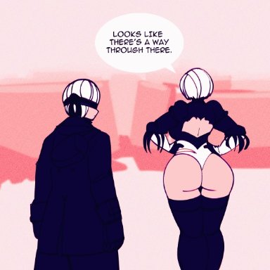 1boy, 1girls, animated, ass, blindfold, cdlum, clothed, clothing, looking back, nier: automata, speech bubble, tagme, white hair, yorha 2b, yorha 9s