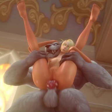 1boy, 1girls, 3d, alori, animal genitalia, animated, anus, areolae, barefoot, big penis, blood elf, breasts, canine penis, erection, feet