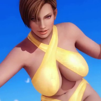 16:9, 3d, animated, areolae, beach, bikini, blush, bouncing breasts, breasts, breasts out of clothes, brown hair, brunette, completely nude, covering, covering breasts