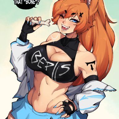 animal ears, big breasts, blue eyes, cleavage, curvy, fangs, jacket, kemonomimi, long hair, looking at viewer, midriff, miniskirt, muscular, muscular female, orange hair