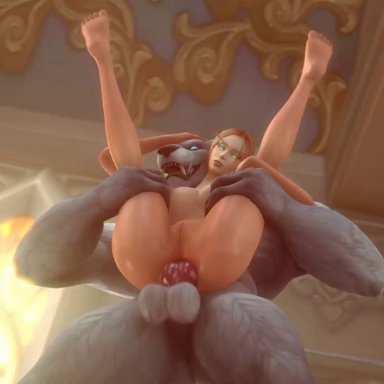 1boy, 1girls, 3d, animal genitalia, animated, anus, areolae, barefoot, big penis, blood elf, breasts, canine penis, erection, feet, from behind