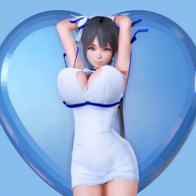 1girls, 3d, animated, arcadia, black hair, blue eyes, bouncing breasts, cleavage, cleavage cutout, dancing, dungeon ni deai wo motomeru no wa machigatteiru darou ka, female, goddess, heart, hestia (danmachi)