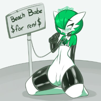 1boy, anthro, blush, femboy, flat chest, frowntown, gardevoir, gloves, green eyes, green skin, humanoid penis, leash, male, nintendo, penis