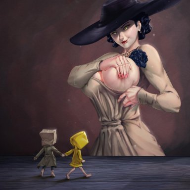 alcina dimitrescu, big breasts, big hat, breasts, capcom, cloak, crossover, dr.korr, huge breasts, lady dimitrescu, little nightmares, little nightmares 2, mono (little nightmares 2), namco, raincoat