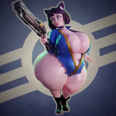 1girls, 3d, 3d (artwork), animated, big ass, big breasts, big butt, boots, breasts, cat ears, chubby, collar, cosplay, fallout, female