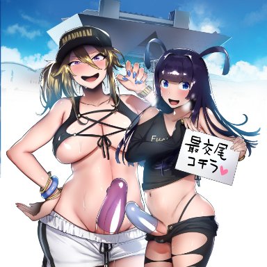 1boy, 1futa, baseball cap, black hair, blonde hair, blue eyes, blue nails, bracelet, breasts, clothed, clothing, comiket 96, condom, condom on penis, crop top