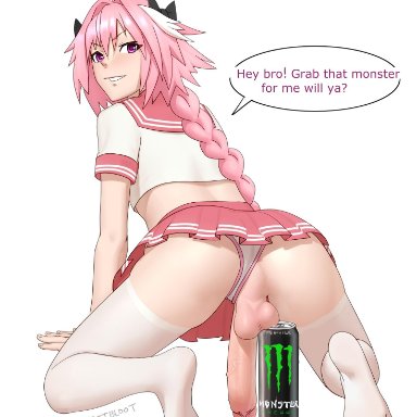 1boy, anus, ass, astolfo (fate), astolfo monster cosplay (meme), balls, big penis, blush, crossdressing, eye contact, fate (series), fate/grand order, femboy, feminine male, large penis